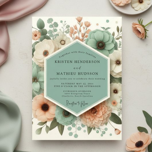 Mint Green Botanical Romance Wedding Kaart