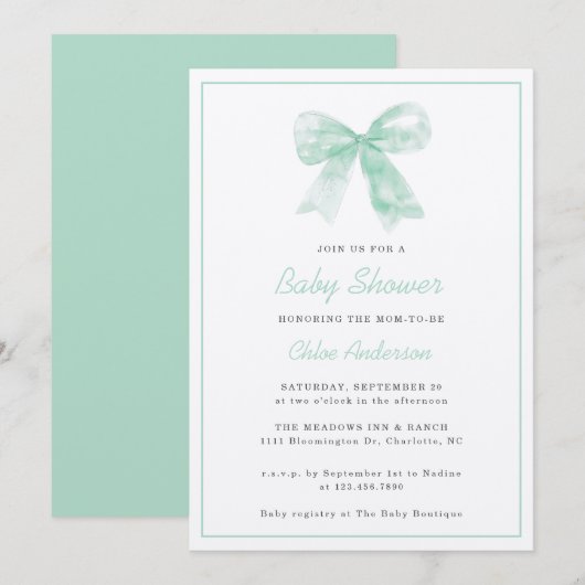 Mint Green Bow Minimaal Genderneutraal Baby shower Kaart (Voorkant / Achterkant)