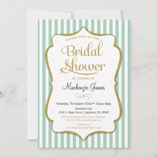 Mint Green Bridal Shower Invitation Elegant Stripe Kaart (Voorkant)