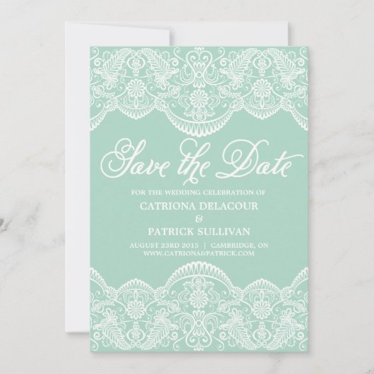 Mint Green  Brocade Lace Wedding Save The Date (Voorkant)