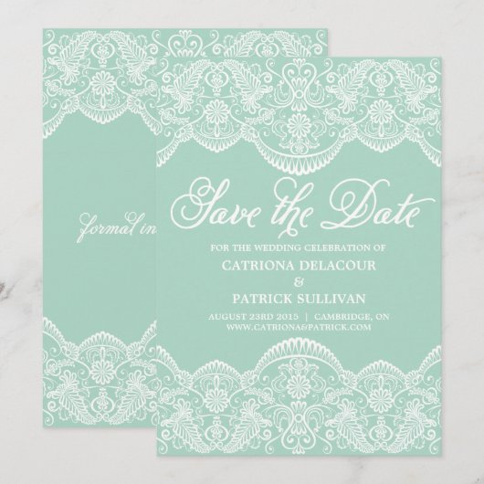 Mint Green  Brocade Lace Wedding Save The Date (Voorkant / Achterkant)