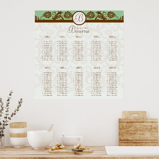 Mint Green Brown Damask Seating Chart 10 Tables Poster (Keuken)