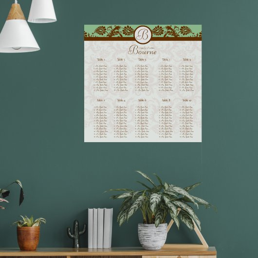 Mint Green Brown Damask Seating Chart 10 Tables Poster (Woonkamer 1)