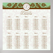 Mint Green Brown Damask Seating Chart 10 Tables Poster (Voorkant)