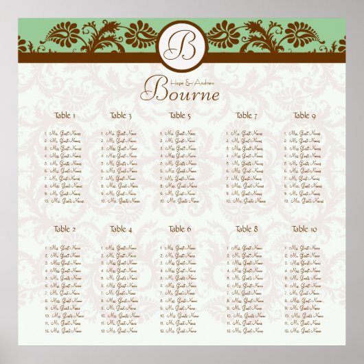 Mint Green Brown Damask Seating Chart 10 Tables Poster (Voorkant)