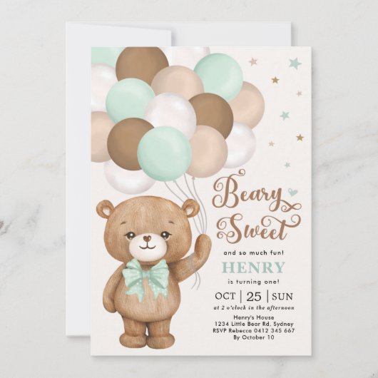 Mint Green Brown Teddy Bear met Balloons Birthday Kaart (Voorkant)