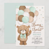 Mint Green Brown Teddy Bear met Balloons Birthday Kaart (Voorkant / Achterkant)