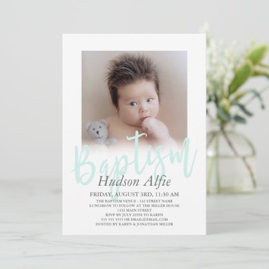 Mint Green Brush Script Photo Baptisme Kaart (Staand voorkant)