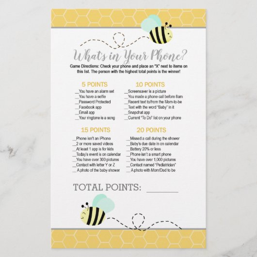 Mint Green Bumble Bee Baby shower Phone Game (Voorkant)