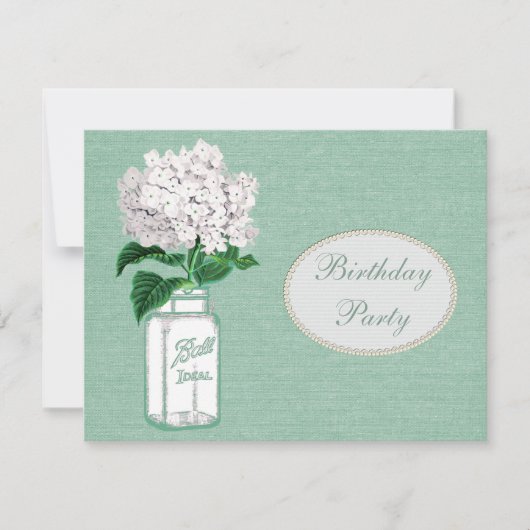 Mint Green Burlap, Jar & Hydrangea Birthday Party Kaart (Voorkant)