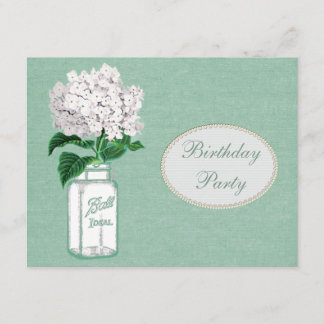 Mint Green Burlap, Jar & Hydrangea Birthday Party Kaart