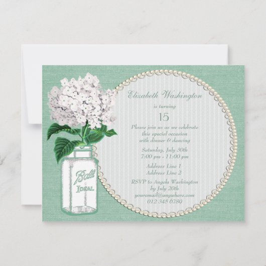 Mint Green Burlap, Jar & Hydrangea Quinceanera Kaart (Achterkant)