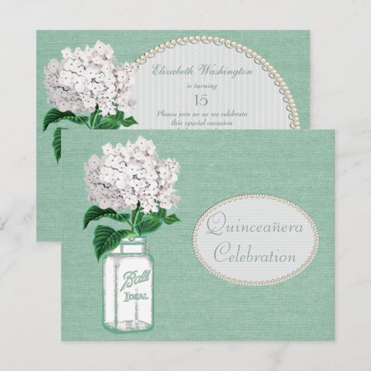Mint Green Burlap, Jar & Hydrangea Quinceanera Kaart (Voorkant / Achterkant)