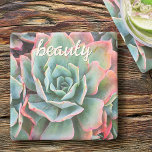 Mint Green Cactus Succulent Photo Beauty Script Stenen Onderzetter<br><div class="desc">Cactussen gedijen onder de zwaarste woestijnomstandigheden. Droom van zonnige dagen en de rustige sfeer van een zomertuin wanneer u ontspannen met uw favoriete drankje met behulp van deze prachtige fotografie stenen onderzetter van roze-tipped, mintgroene cactussen. Maakt een geweldig housewarming cadeau! U kunt dit stenen onderzetter gemakkelijk personaliseren en ik bied...</div>