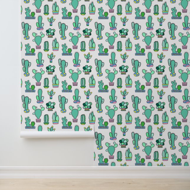 Mint Green Cactus & Succulent Plant Pattern Behang (Applicatie)
