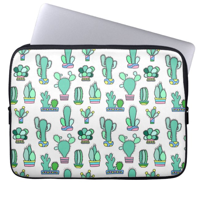 Mint Green Cactus & Succulent Plant Pattern Laptop Sleeve (Voorkant)