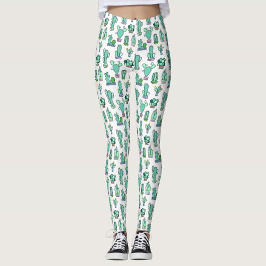 Mint Green Cactus & Succulent Plant Pattern Leggings (Voorkant)