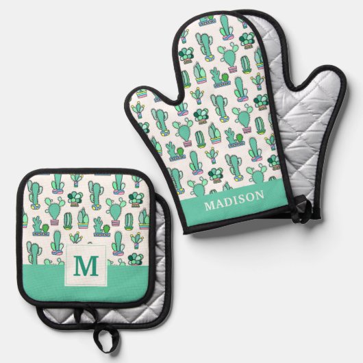 Mint Green Cactus & Succulent Plant Pattern Ovenwant & Pannenlap Set (Voorkant / Achterkant)