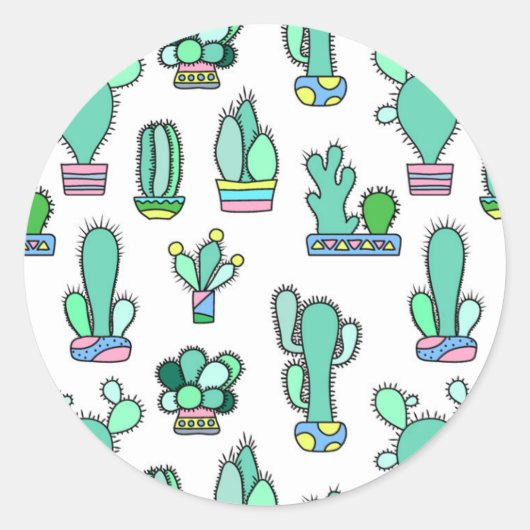 Mint Green Cactus & Succulent Plant Pattern Ronde Sticker (Voorkant)
