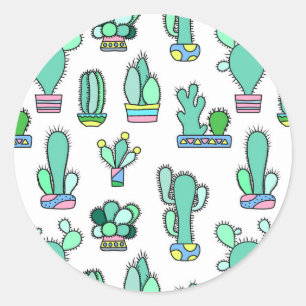 Mint Green Cactus & Succulent Plant Pattern Ronde Sticker