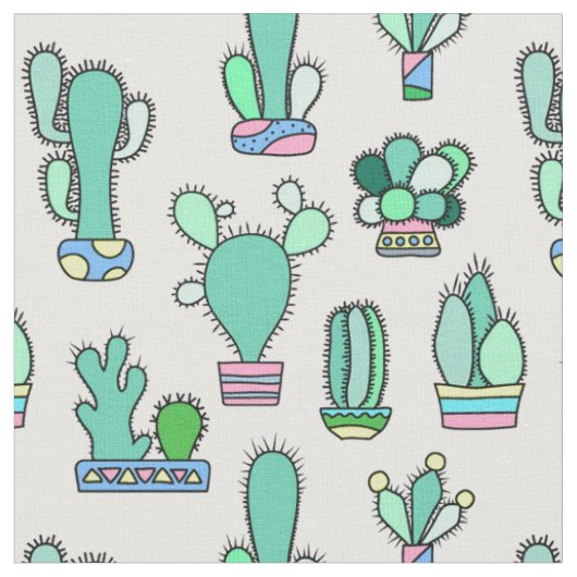 Mint Green Cactus & Succulent Plant Pattern Stof (Close Up)