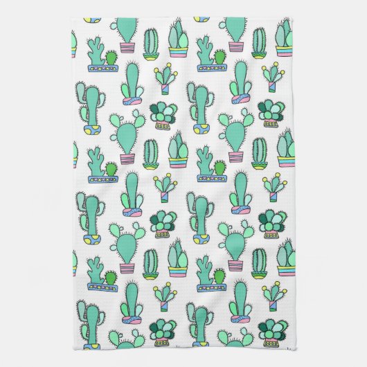 Mint Green Cactus & Succulent Plant Pattern Theedoek (Verticaal)