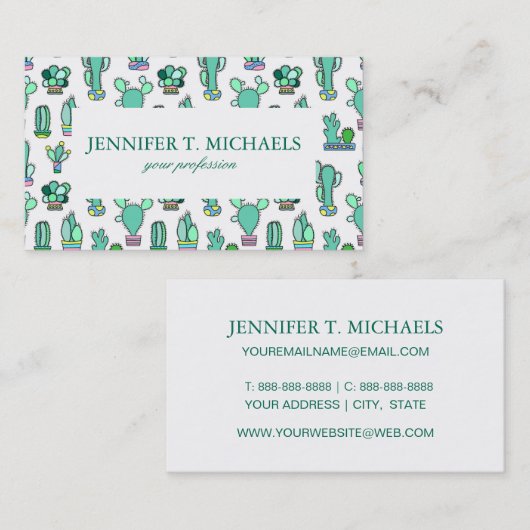 Mint Green Cactus & Succulent Plant Pattern Visitekaartje (Voorkant / Achterkant)