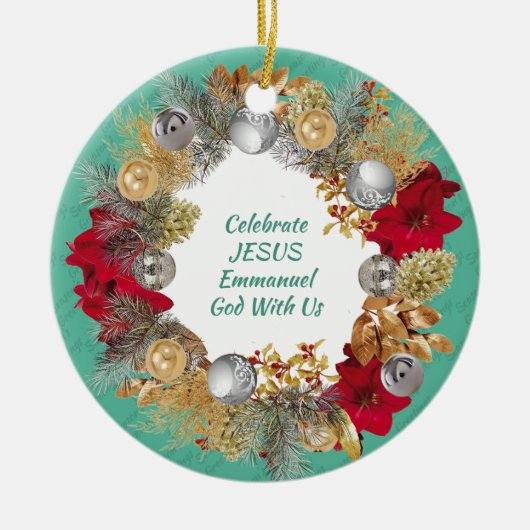 Mint Green CELEBRATE JESUS-kerstmis Wreated Custom Keramisch Ornament (Voorkant)