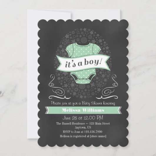 Mint Green Chalkboard Boy Baby shower nodigt uit Kaart (Voorkant)