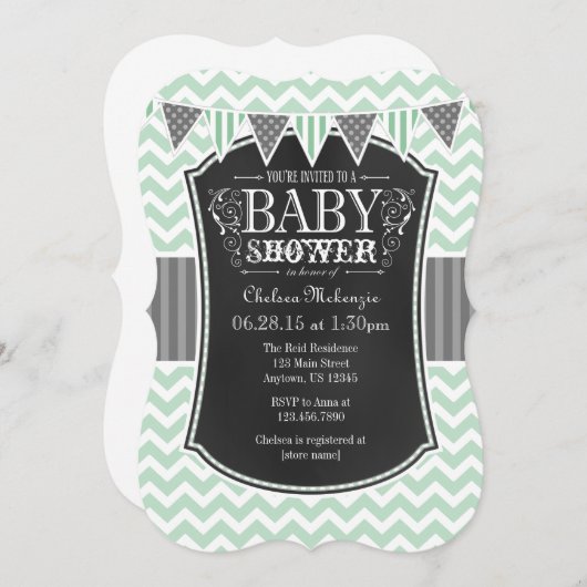 Mint Green Chalkboard Chevron Baby shower Invite Kaart (Voorkant / Achterkant)