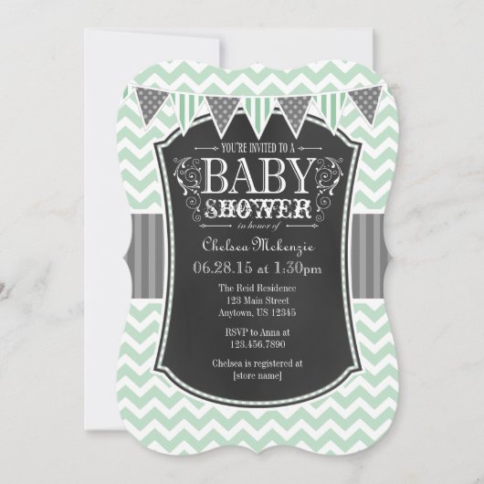 Mint Green Chalkboard Chevron Baby shower Invite Kaart (Voorkant)