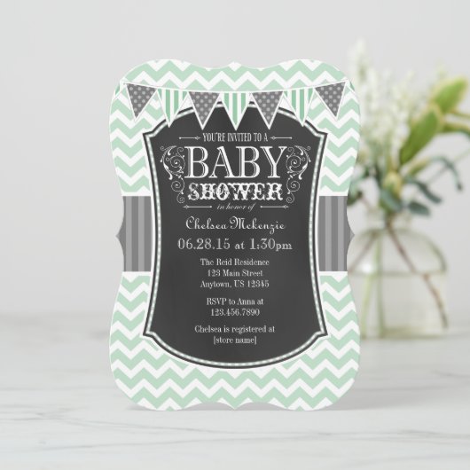 Mint Green Chalkboard Chevron Baby shower Invite Kaart (Staand voorkant)