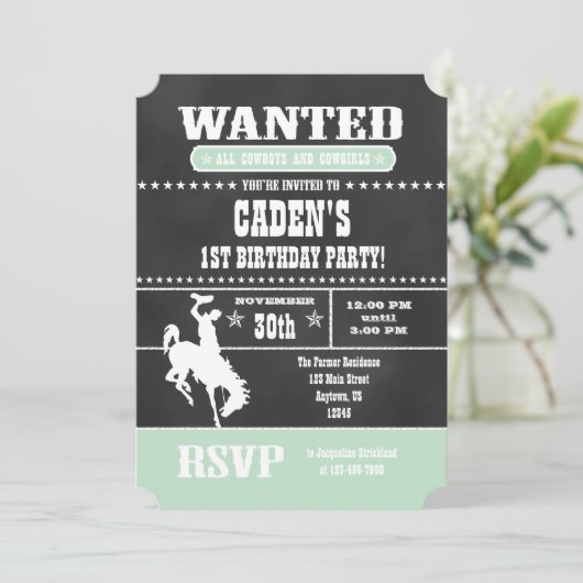 Mint Green Chalkboard Cowboy Birthday Uitnodiging (Staand voorkant)