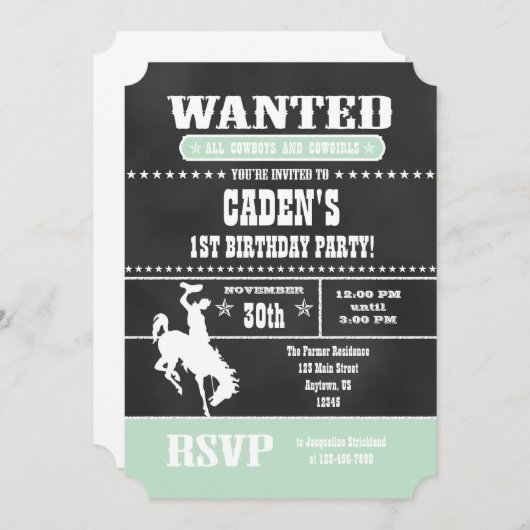 Mint Green Chalkboard Cowboy Birthday Uitnodiging (Voorkant / Achterkant)