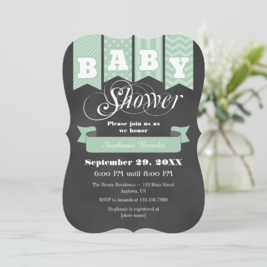 Mint Green Chalkboard Flag Baby shower Uitnodigen Kaart (Staand voorkant)