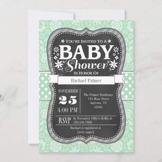 Mint Green Chalkboard Floral Baby shower Invite Kaart (Voorkant)
