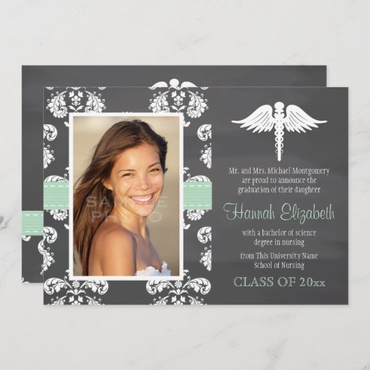 Mint Green Chalkboard Nursing School Afstuderen Kaart (Voorkant / Achterkant)