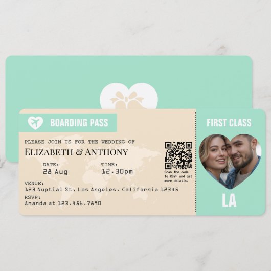 Mint Green & Champagne Boarding Pass Wedding Kaart (Voorkant / Achterkant)