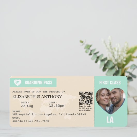 Mint Green & Champagne Boarding Pass Wedding Kaart (Staand voorkant)