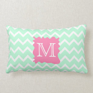 Mint Green Chevron Monogram Design met Roze Splat Kussen