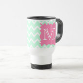 Mint Green Chevron Monogram Design met Roze Splat Reisbeker (Voorkant rechts)
