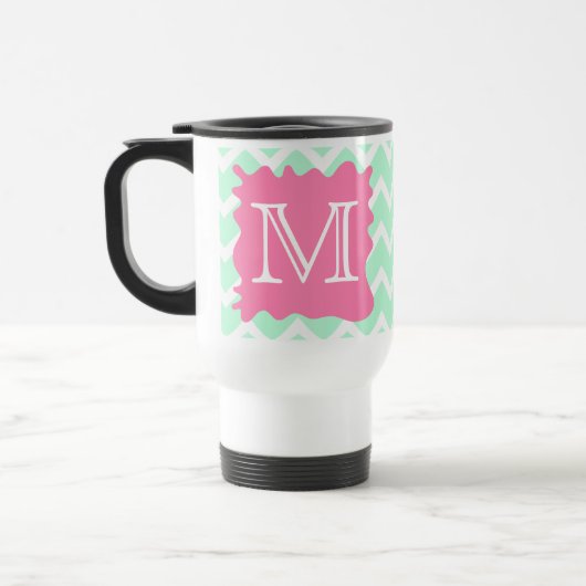 Mint Green Chevron Monogram Design met Roze Splat Reisbeker (Links)