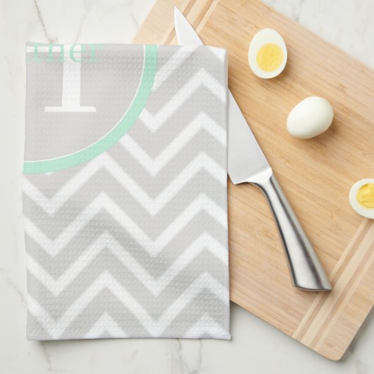 Mint Green Chevron Monogram Kitchen Towel Theedoek (Quarter Fold)