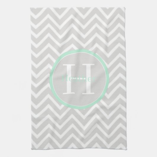 Mint Green Chevron Monogram Kitchen Towel Theedoek (Verticaal)
