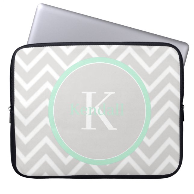 Mint Green Chevron Monogram Laptop Sleeve (Voorkant)