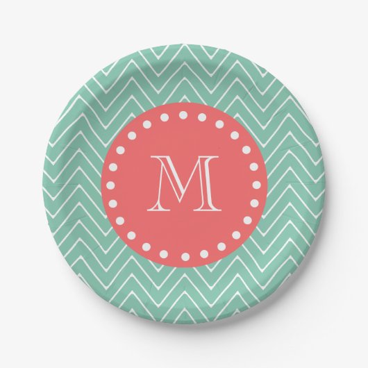 Mint Green Chevron Pattern | Koraalmonogram Papieren Bordje (Voorkant)