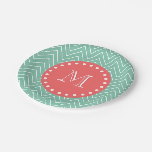 Mint Green Chevron Pattern | Koraalmonogram Papieren Bordje (Gekanteld)