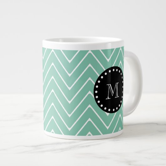Mint Green Chevron Pattern | Zwart monogram Grote Koffiekop (Voorkant rechts)