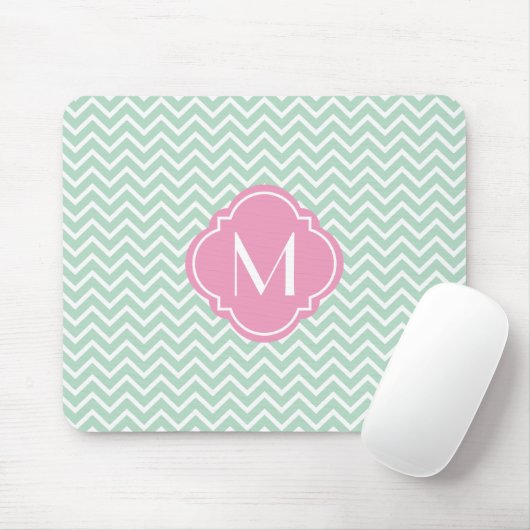 Mint Green Chevron Zigzag Stripes met monogram Muismat (Met muis)