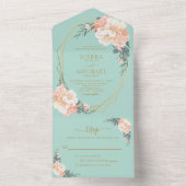 Mint Green Chic Blush Gold Peach Floral Wedding All In One Uitnodiging (Binnen)